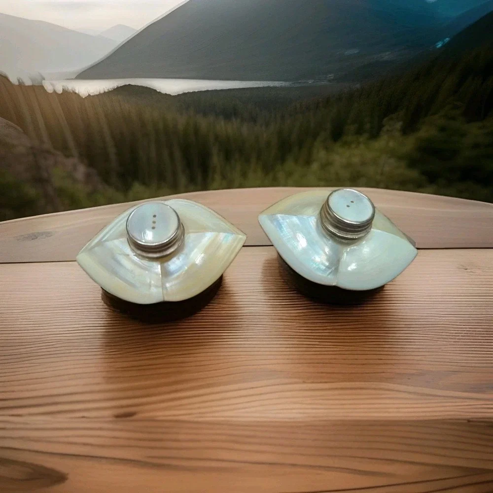 Beautiful Vintage Mother of‎ Pearl Shell Salt & Pepper Shakers OAK Handmade